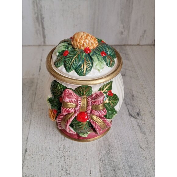 Bow pinecone mini cookie vase jar vintage home decor mistletoe xmas - Picture 2 of 9